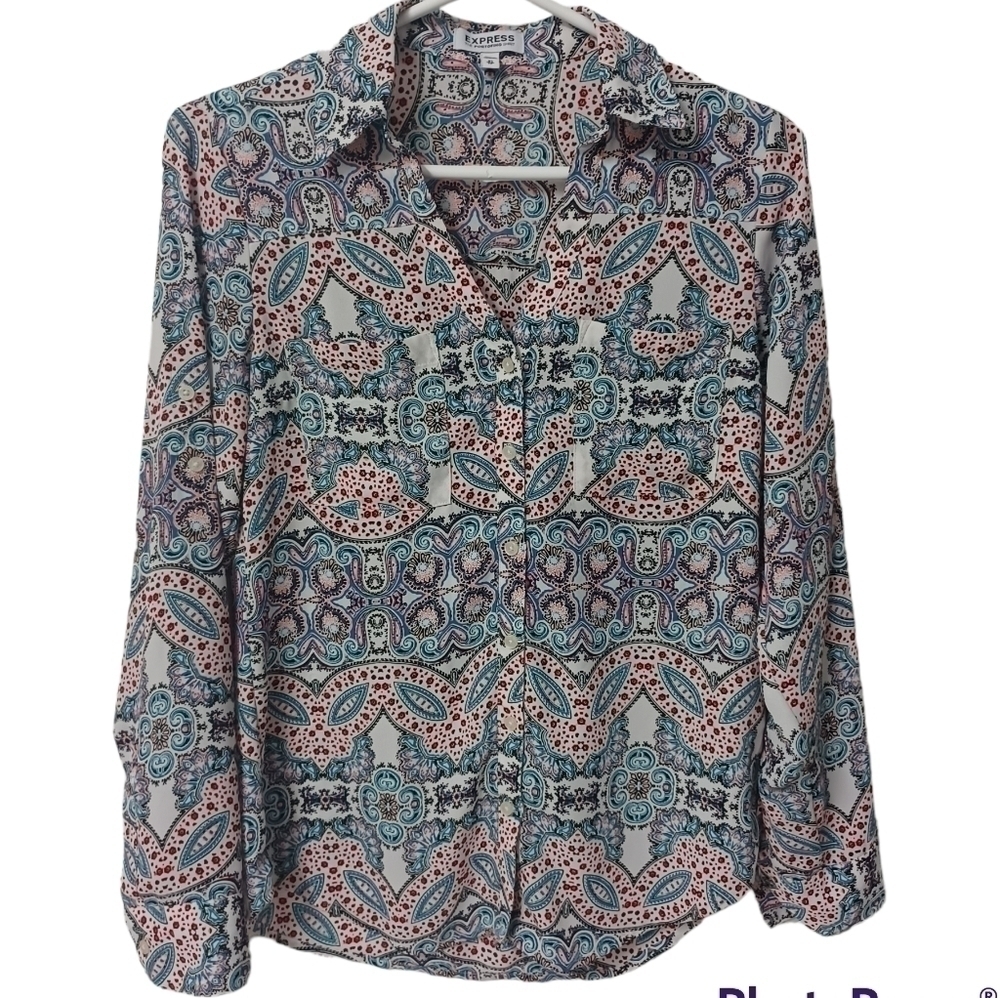 Express The Portofino button down collared shirt blouse - paisley pattern